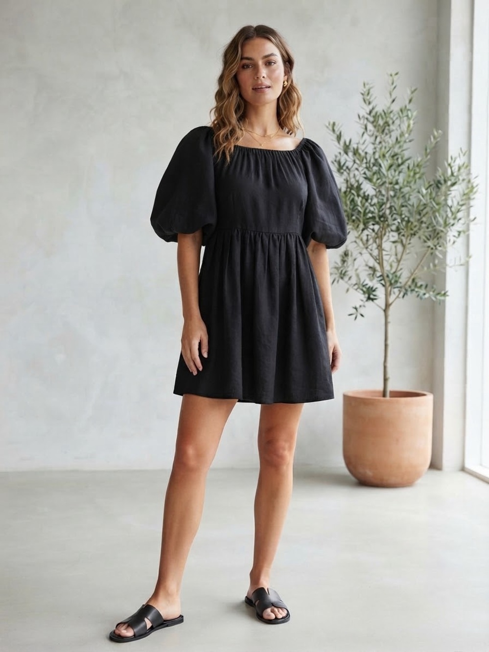 AND NOW THIS Black Puff Sleeve Square Neck Babydoll Mini Dress